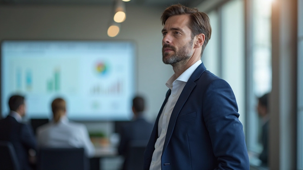 Kantoor scène met persoon die op een grote scherm naar grafieken en diagrammen kijkt tijdens een presentatie