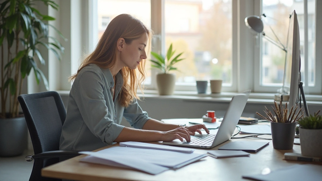 Professioneel kantooromgeving met persoon die aan een bureau werkt met notities en documenten