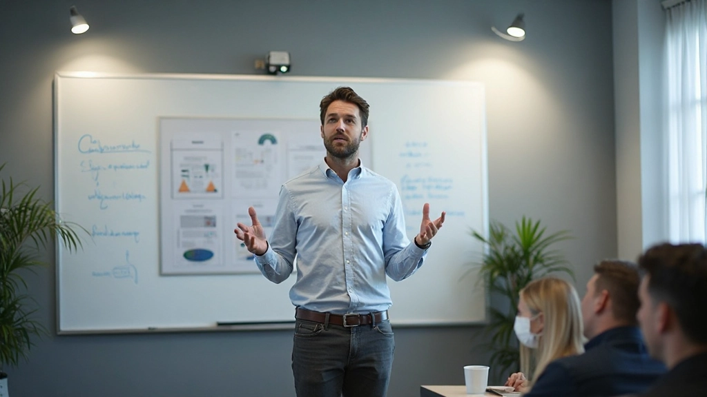 Persoon die een presentatie geeft in een moderne trainingsruimte met whiteboard en grafieken op de achtergrond