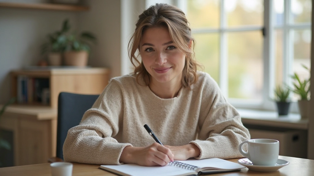 Professioneel foto van een vrouw aan een bureau die notities maakt in een notitieboek met een kopje koffie ernaast